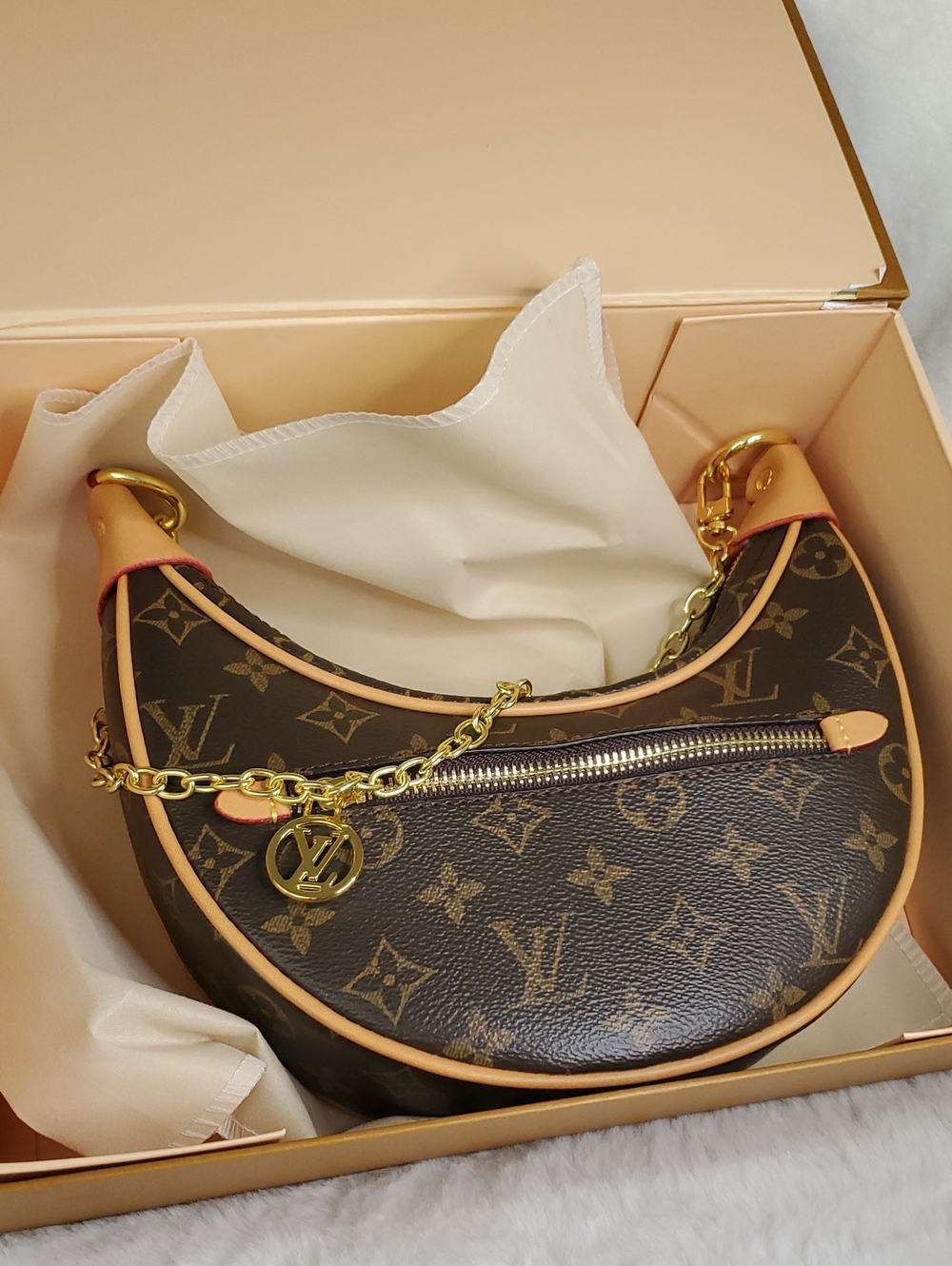 Monogram Crescent Shoulder Bag with Tan Trim 48" Crossbody Strap